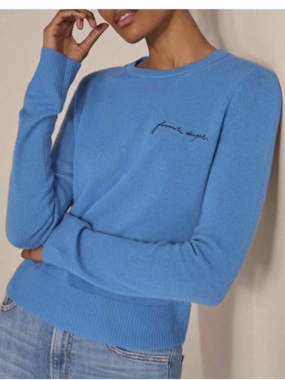 Favorite Daughter 100% Cashmere Crew Neck Sweater Embroidered Logo Blue Size L